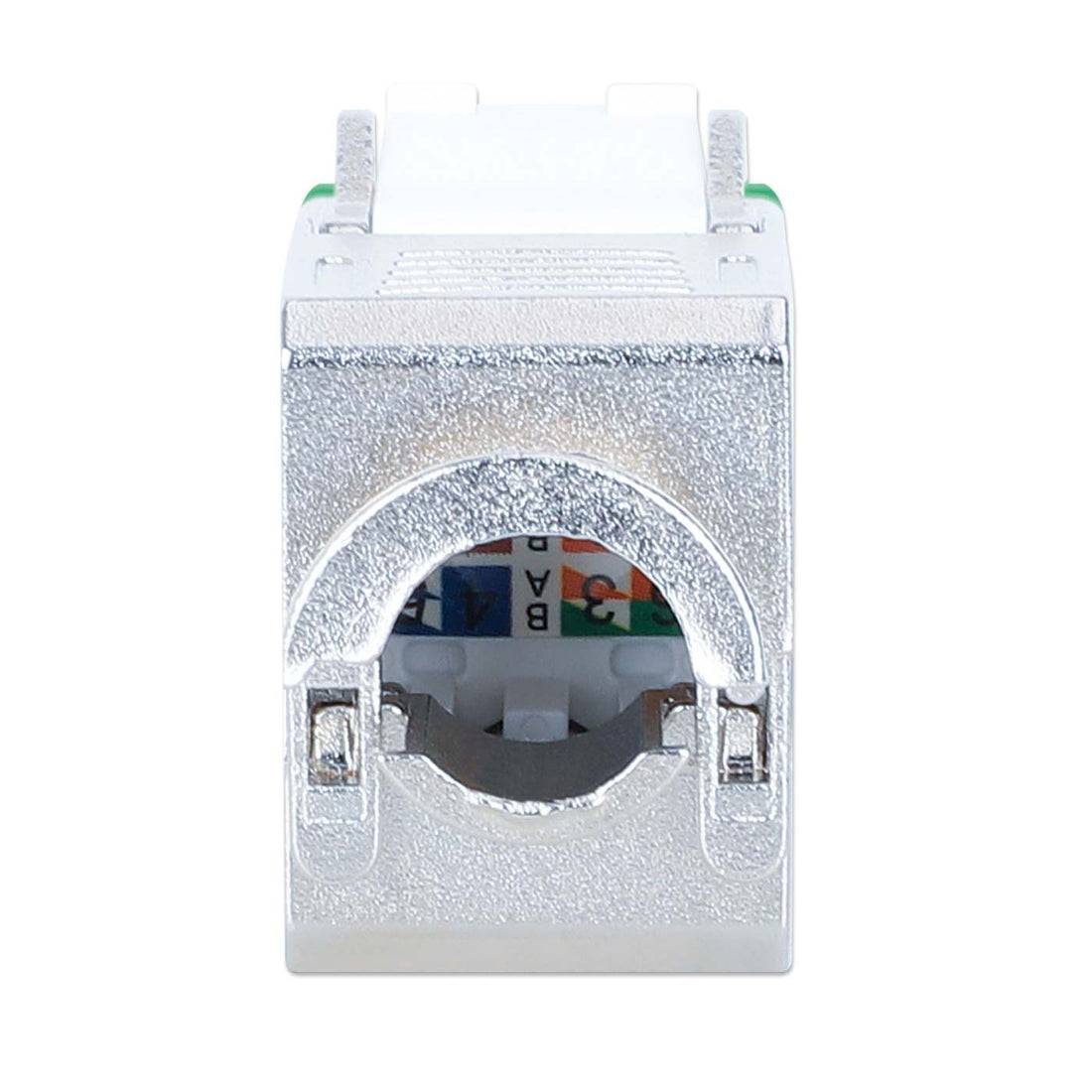 Nahaufnahme einer silbernen RJ45-Ethernet-Keystone-Buchse auf weißem Hintergrund, die die vordere Portöffnung und die Drahtfarbcodierung im Inneren zeigt.