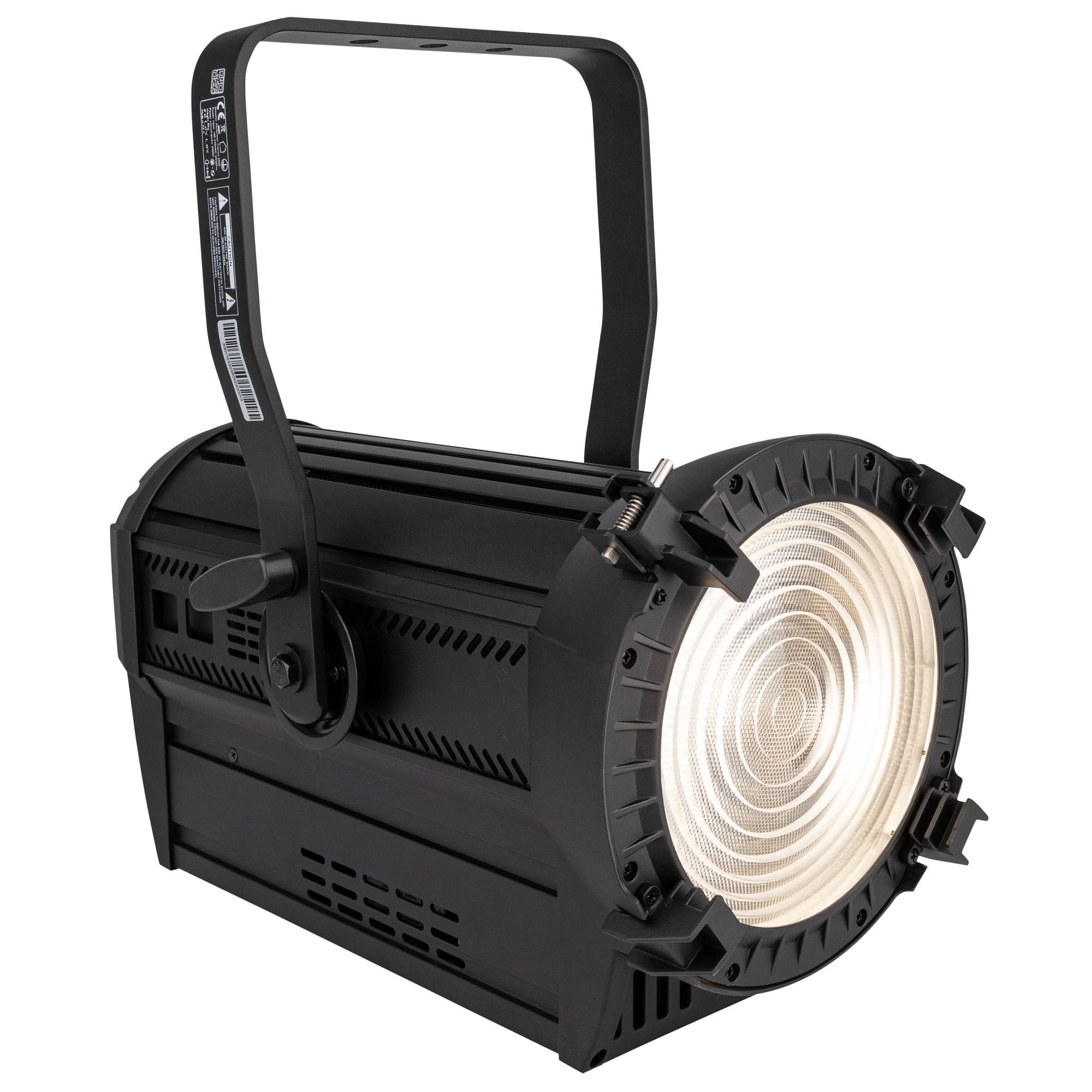 Ein schwarzer Bühnenscheinwerfer mit Griff und gerippter Vorderseite, der ein helles kreisförmiges Lichtmuster ausstrahlt und typischerweise für die Bühnenbeleuchtung verwendet wird.