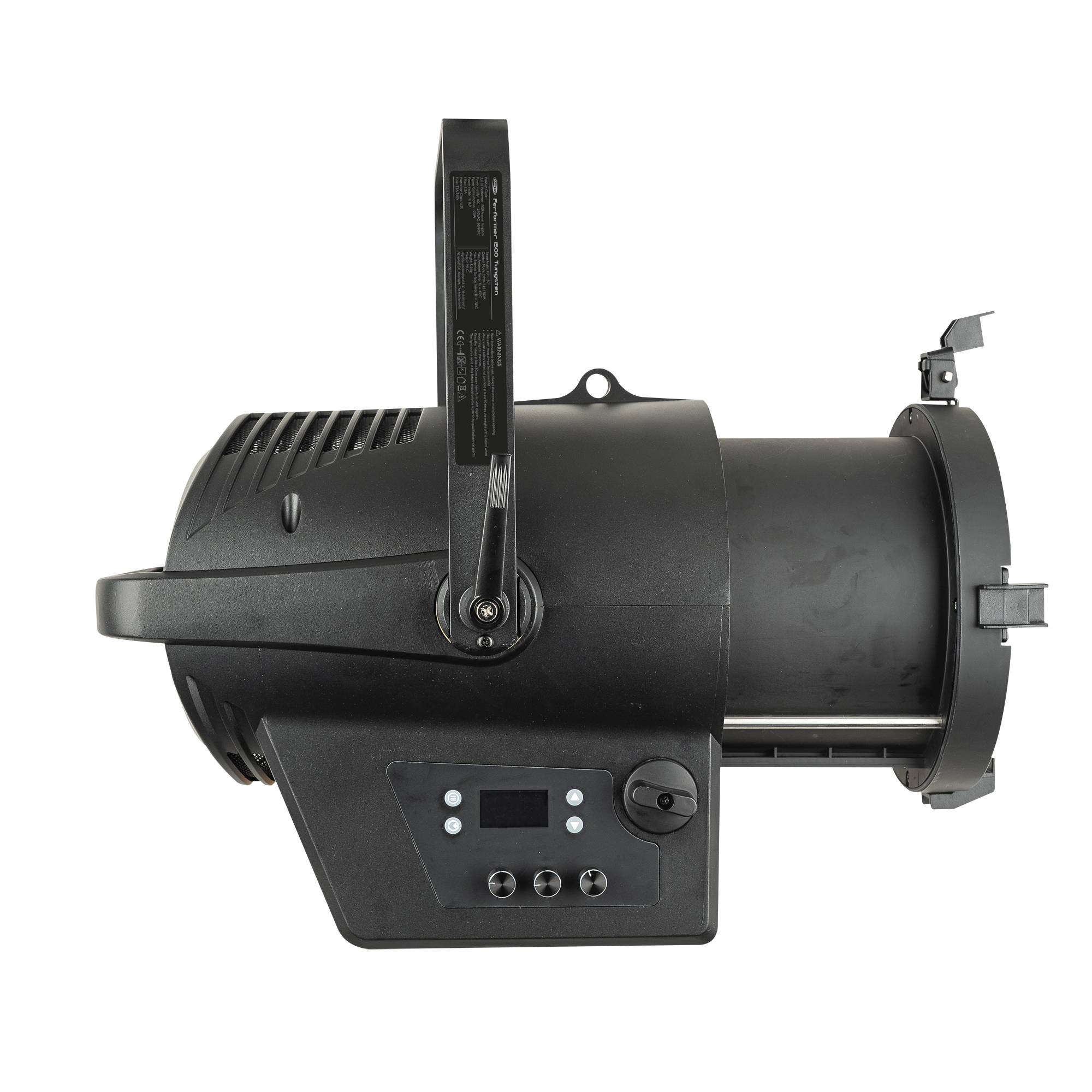 Ein schwarzer Bühnenscheinwerfer mit digitales Bedienfeld, montiert auf einer Schwenkhalterung, entwickelt für Theater- oder Studio-Beleuchtungsanwendungen.
