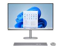 Ein Desktop-Computer zeigt einen Startbildschirm mit Symbolen auf einem großen Monitor an. Eine kabellose Tastatur und eine Maus befinden sich davor.