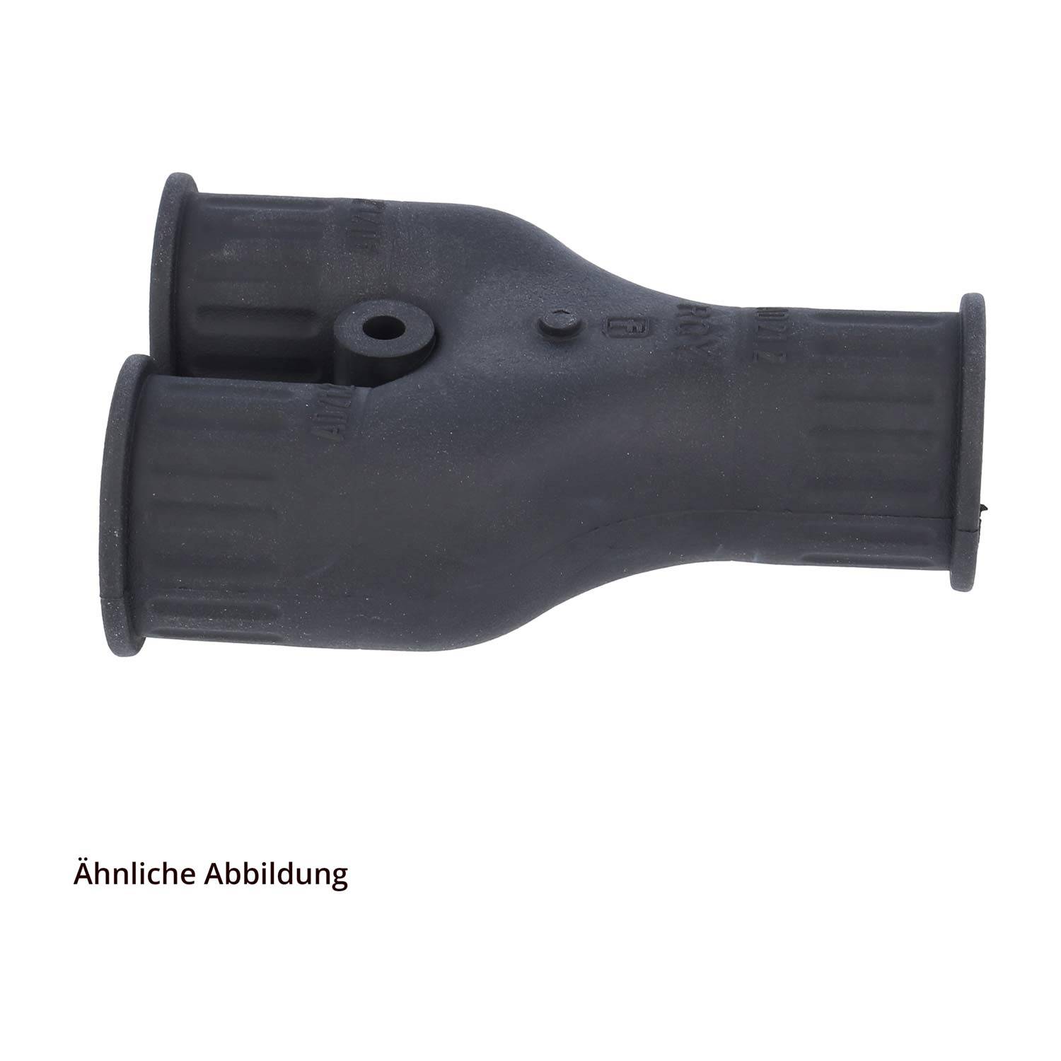 Ein schwarzer, zweifach-Gummi-Adapter, verwendet zum Verbinden von Rohren oder Schläuchen, wird vor einem weißen Hintergrund gezeigt.