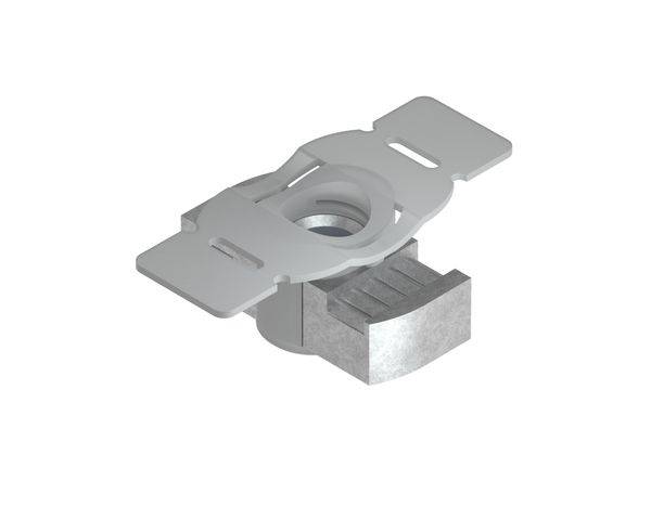Metalleder Federklemme oder Montageklampe mit zentralem Gewindeloch, dargestellt in einer 3D-Produktansicht auf weißem Hintergrund.
