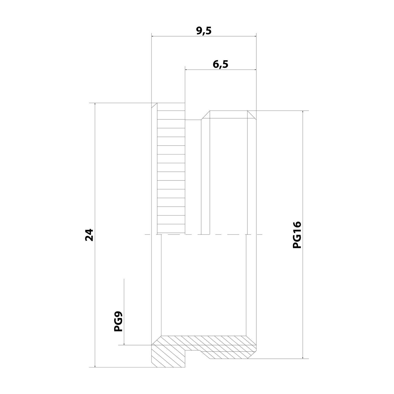 Technische Zeichnung eines Gewindefitings. Abmessungen sind 24 mm in der Länge mit Markierungen PG9 und PG16. Gewindebreite beträgt 9,5 mm.