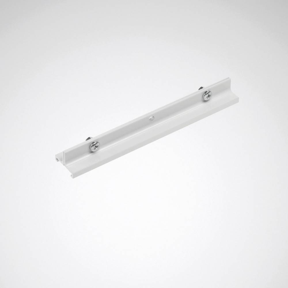 Eine weiße Metallhalterung mit zwei Bolzenanbindungen, entwickelt zum Befestigen von Gegenständen wie Regalen oder Paneelen.