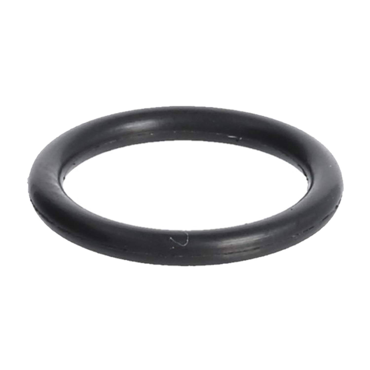Ein schwarzer Gummiring (O-Ring), der üblicherweise als Dichtungselement in Maschinen und der Rohrleitungstechnik verwendet wird, auf einem einfarbigen weißen Hintergrund abgebildet.