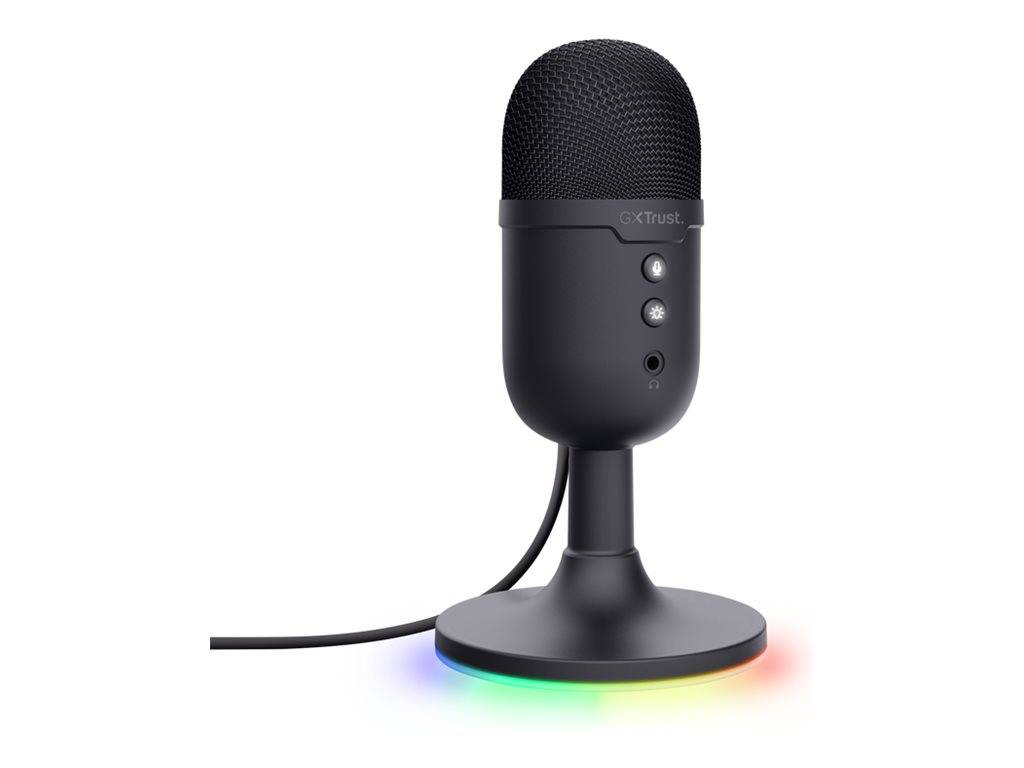 Black Trust Desktop-Mikrofon auf rundem Fuß mit regenbogenfarbiger LED-Beleuchtung und Kabel auf der linken Seite angeschlossen.