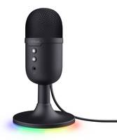 Schwarzes USB-Kondensatormikrofon auf einem Ständer mit leuchtender Regenbogenbasis und angeschlossenem Kabel