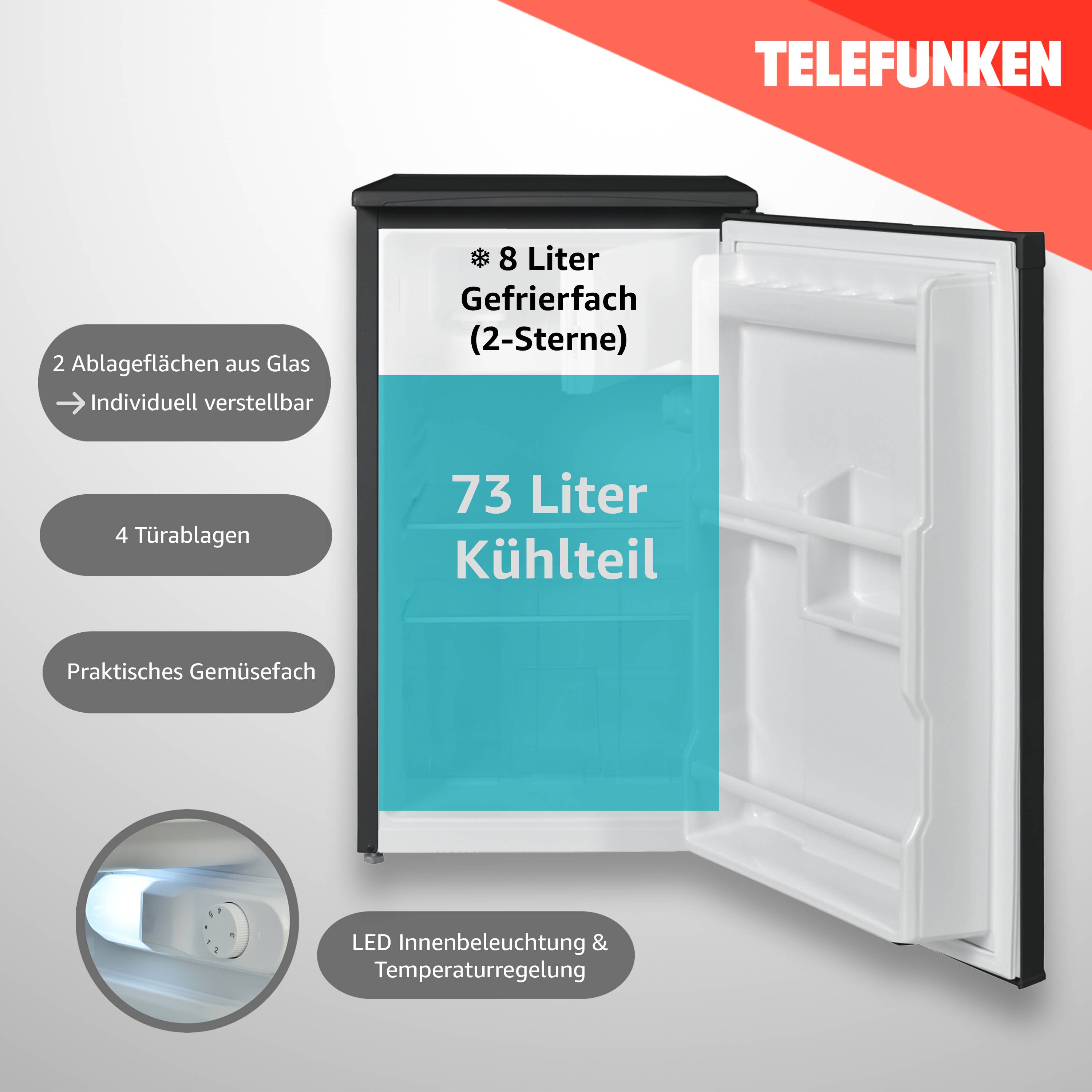 Telefunken Kühlschrank mit Gefrierfach (2-Sterne) | Freistehend | 81 Liter | Kühlschrank klein | CF-32-152-B schwarz