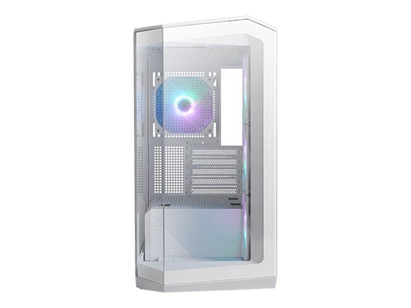 Weißes PC-Gehäuse mit transparentem Seitenpanel und leuchtendem RGB-Lüfter hinten im Inneren.