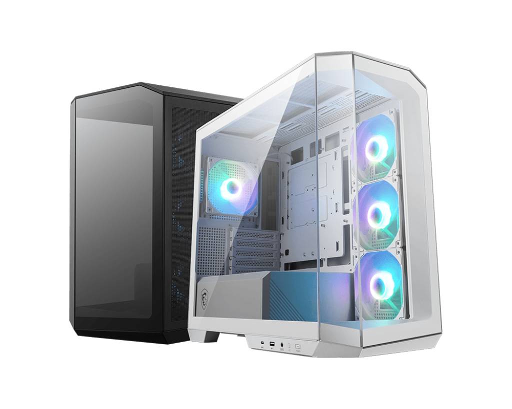 Zwei Desktop-PC-Gehäuse nebeneinander: ein schwarzes Gehäuse mit getöntem Seitenpanel und ein weißes Gaming-Gehäuse mit RGB-beleuchteten Lüftern und transparenten Panels.