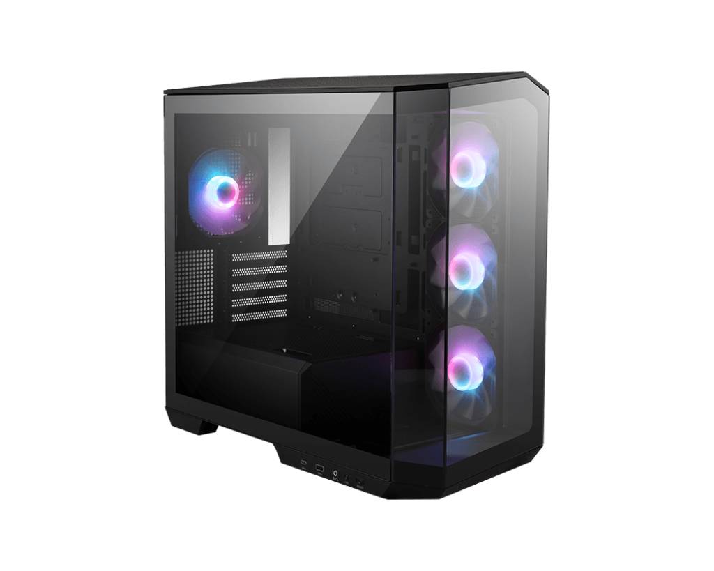 Schwarzer Gaming-PC-Turm mit gehärtetem Glasseitenpanel und Frontpanel, das RGB-beleuchtete Lüfter und interne Komponenten zeigt.