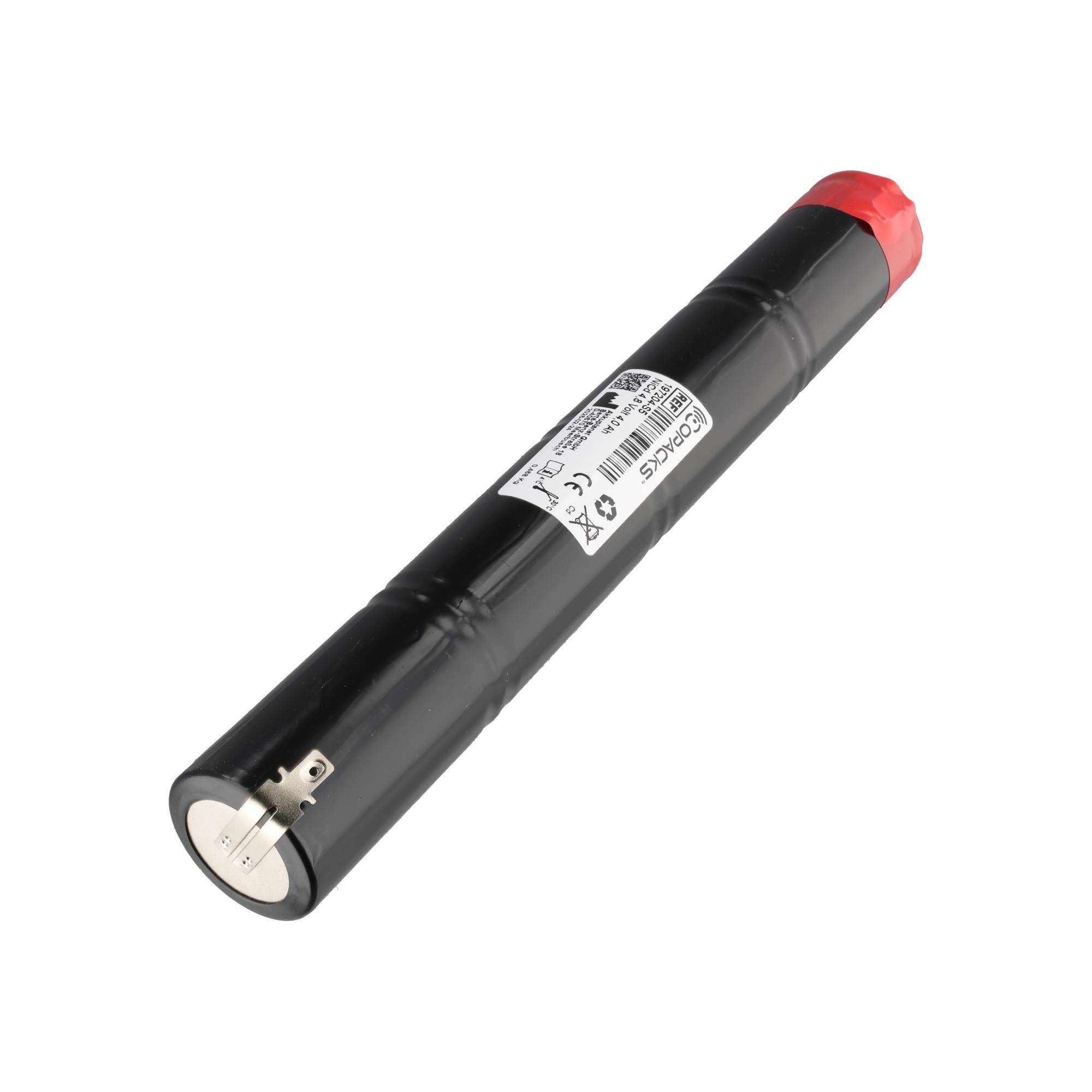 Schwarzes zylindrisches wiederaufladbares Batteriepack mit roter Kappe und Steckerende auf weißem Hintergrund.