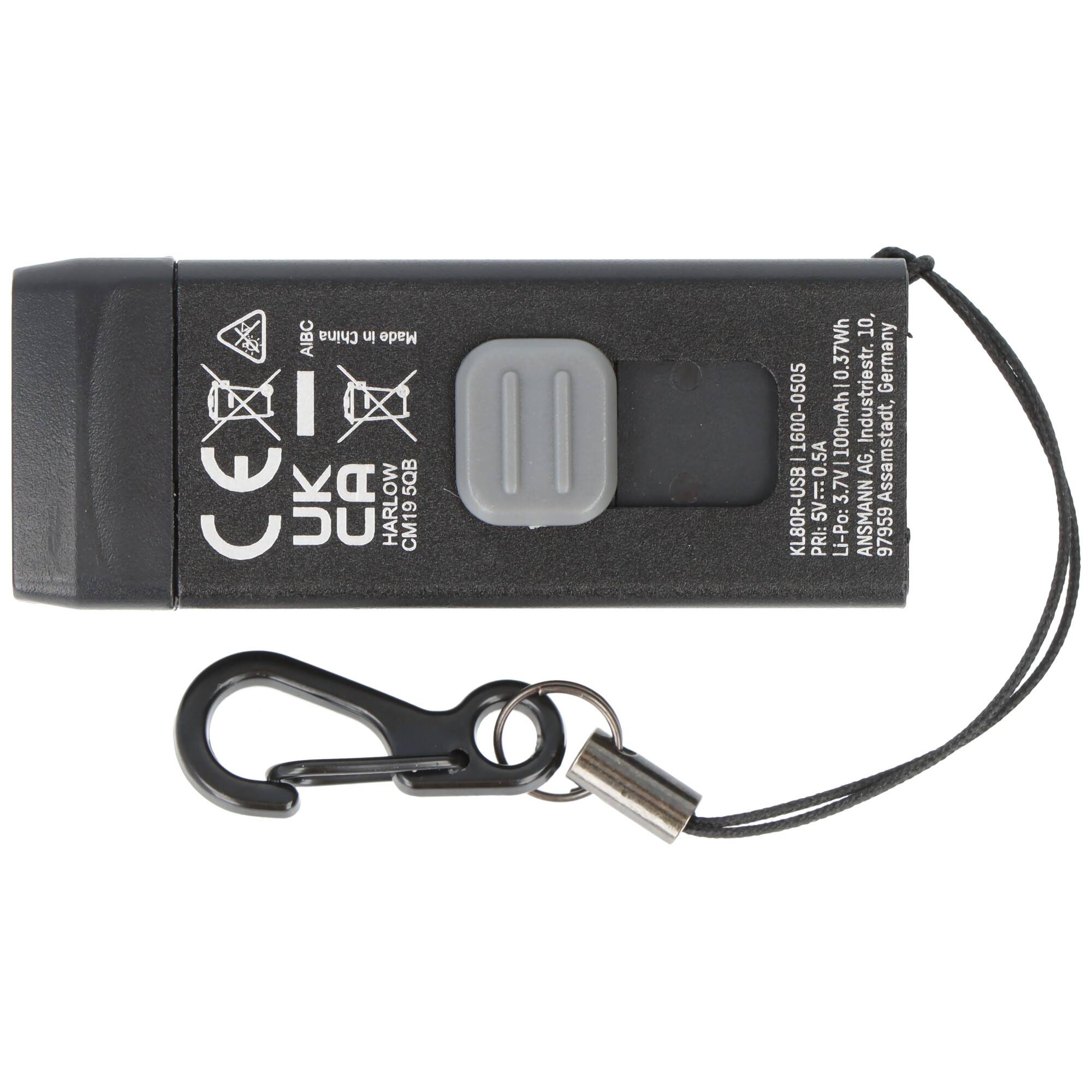 LED-Schlüsselbundleuchte KL80R, integrierter Ladestecker, Taster mit Dimmfunktion, inkl. Schlüsselanhänger