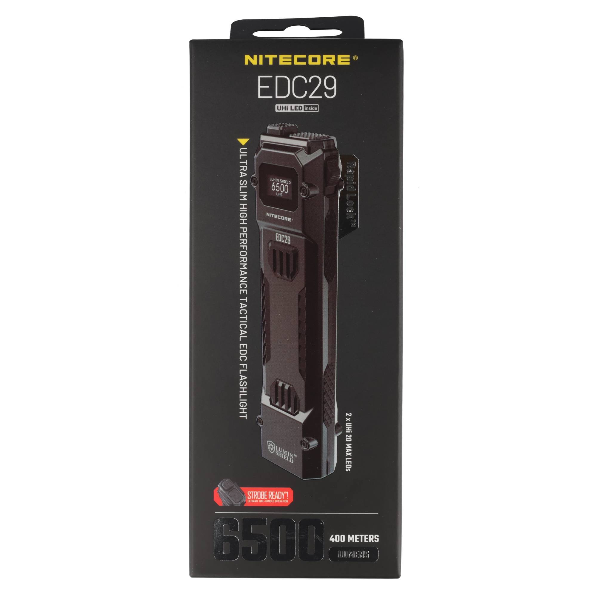 Verpackung für eine taktische LED-Taschenlampe Nitecore EDC29, die die Taschenlampe, „6500