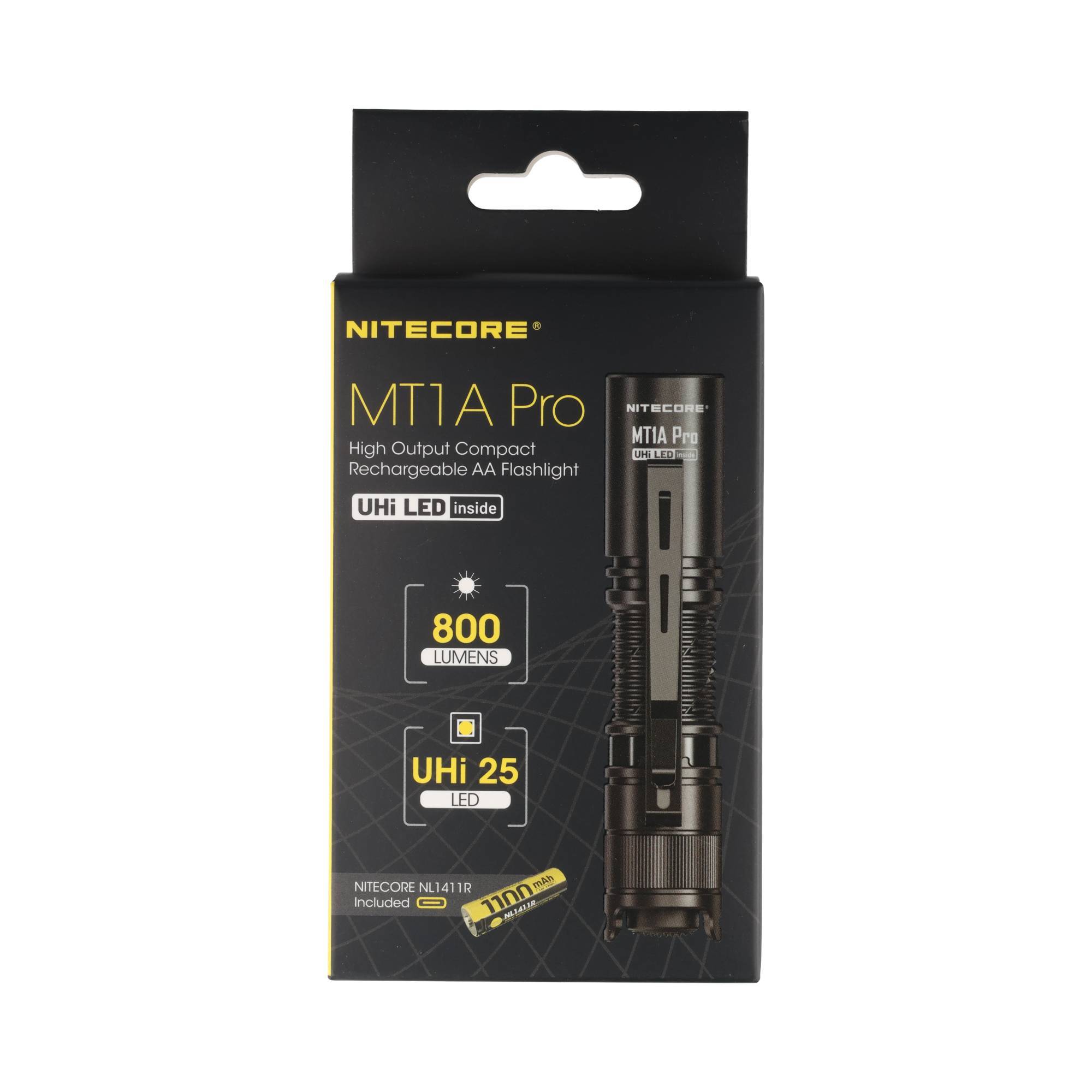 Nitecore MT1A Pro wiederaufladbarer AA-Taschenlampe in Einzelhandeleverpackung, beschriftet mit „800 Lumen