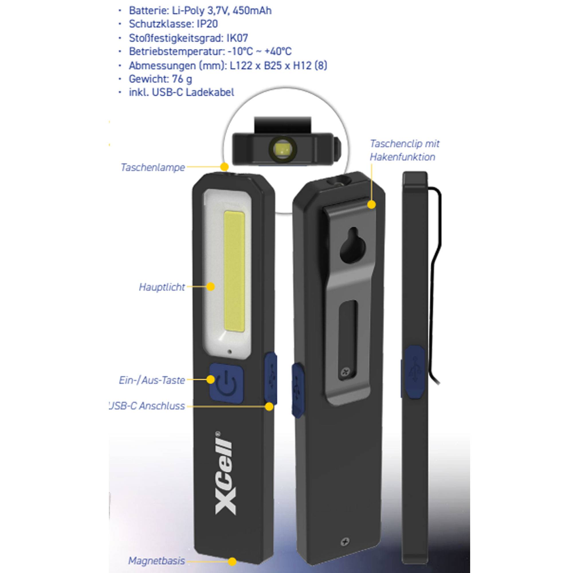 XCell Worklight SLIM, Arbeitsleuchte mit bis zu 200 Lumen, Magnet, 3 Leuchtstufen, USB-C-Ladeanschluss