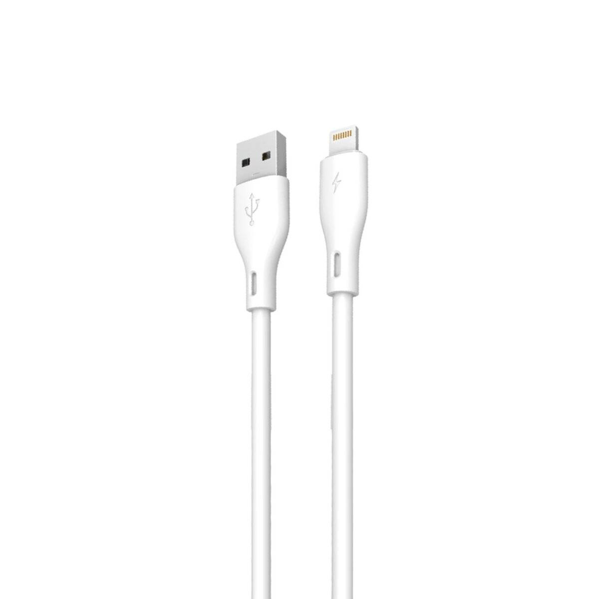 Ein weißes USB-zu-Lightning-Ladekabel, das den USB-Anschluss links und den Lightning-Anschluss rechts zeigt.