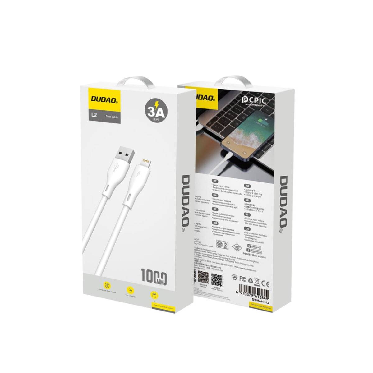 Dudao L2 Ladekabel, USB zu Lightning, 3A, 1 Meter Länge, weiß. Verpackung zeigt Produktbild und Spezifikationen.