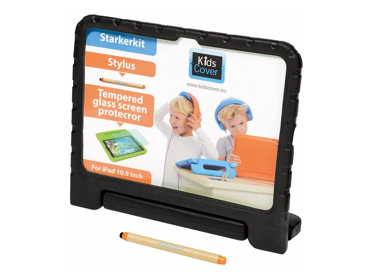 Schwarze robuste iPad 10,9-Zoll-Kinderschutzhülle mit integriertem Ständer, abgebildet mit Stift und Verpackungstext über gehärtete Glasschutzfolie.