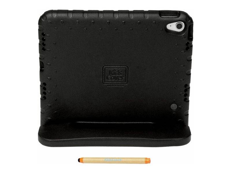 Schwarzes robustes Tablet-Etui oder Ständer, von hinten gezeigt, mit Ausschnitt für die rückwärtige Kamera und einem Stift darunter zum Größenvergleich.