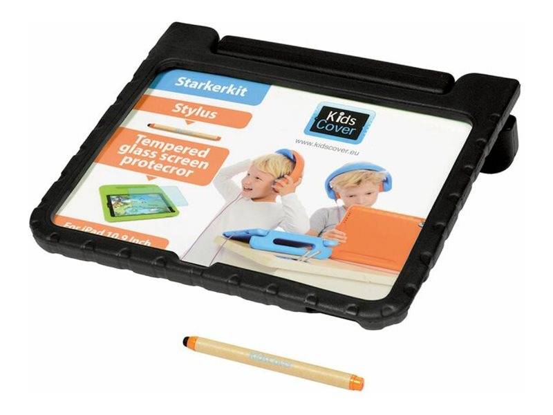 Schwarze Schutzhülle für iPad mit Verpackung mit den Aufschriften "Starkerkit Stylus"" und ""Kids Cover"", sowie ein Stiftschreiber darunter.