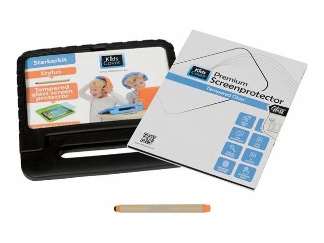 Gehärtete Displayschutzfolie-Set mit schwarzem Tragekoffer, weißer Schachtel mit der Aufschrift „Premium Screenprotector Glass" und einem Eingabestift darunter.