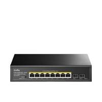 Schwarzer 8-Port-Ethernet-Netzwerk-Switch mit sichtbaren vorderen Anschlüssen und Statusleuchten auf weißem Hintergrund.