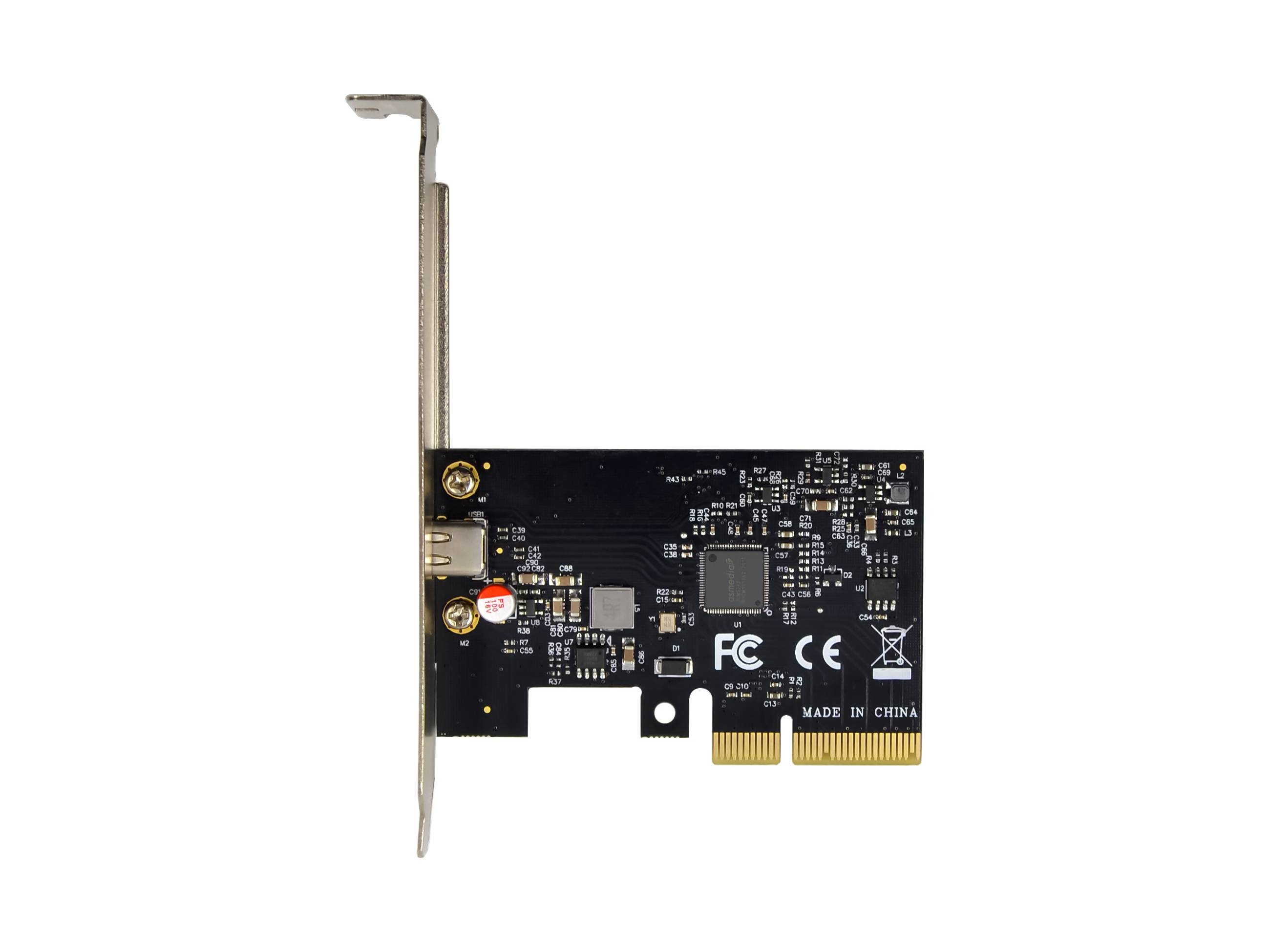 Kleine PCIe-Erweiterungskarte mit Metallhalterung und vergoldeter Kantenverbindung, isoliert auf weißem Hintergrund dargestellt.