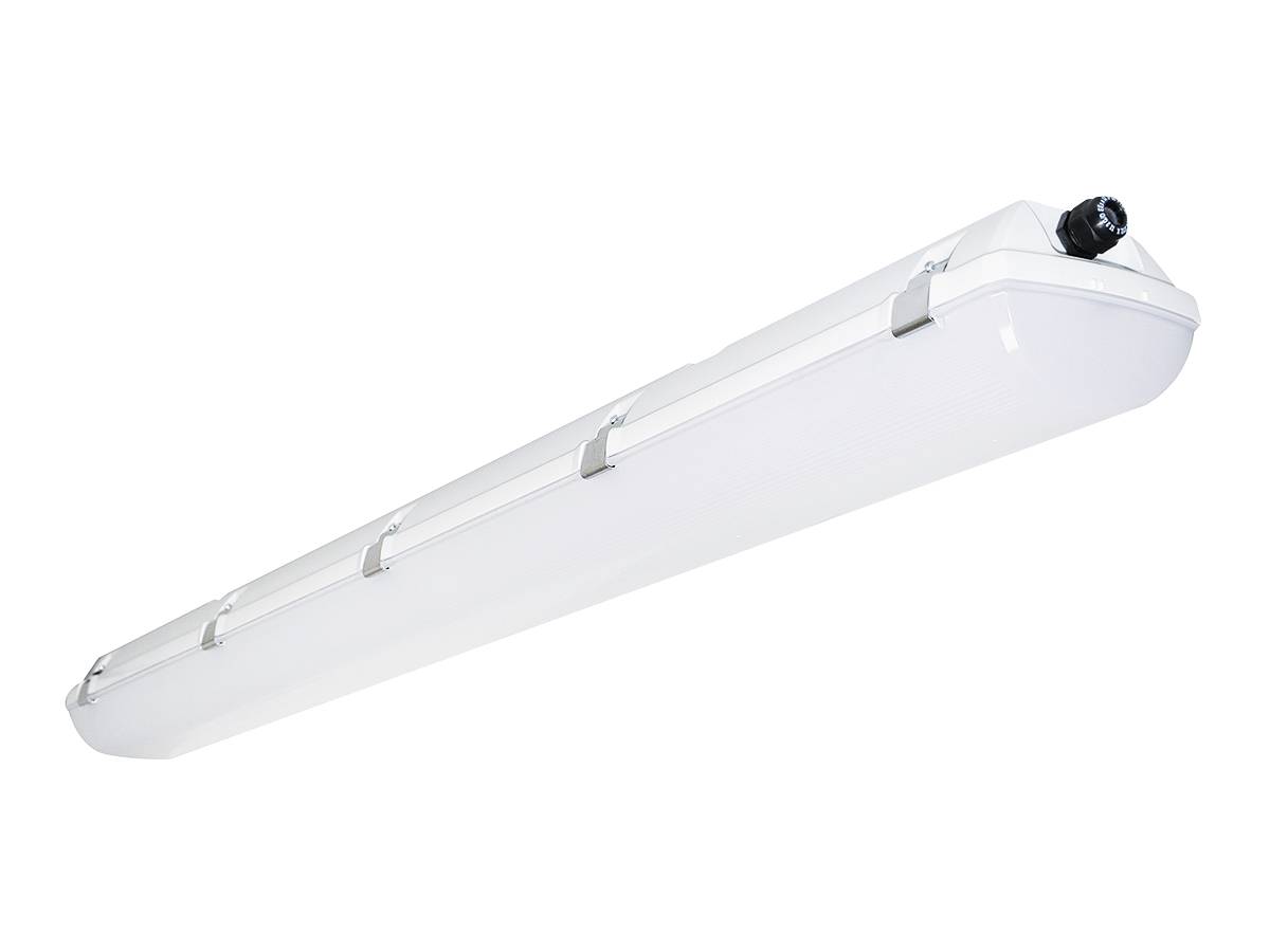 Eine weiße, rechteckige LED-Deckenleuchte mit elegantem, modernem Design, ausgestattet mit mehreren Befestigungsbügeln für die Installation.