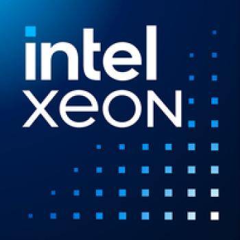 Intel Xeon' Logo mit einem blauen Verlaufshintergrund und Pixel-Designelementen rechts, die Technologie und Rechenleistung symbolisieren.