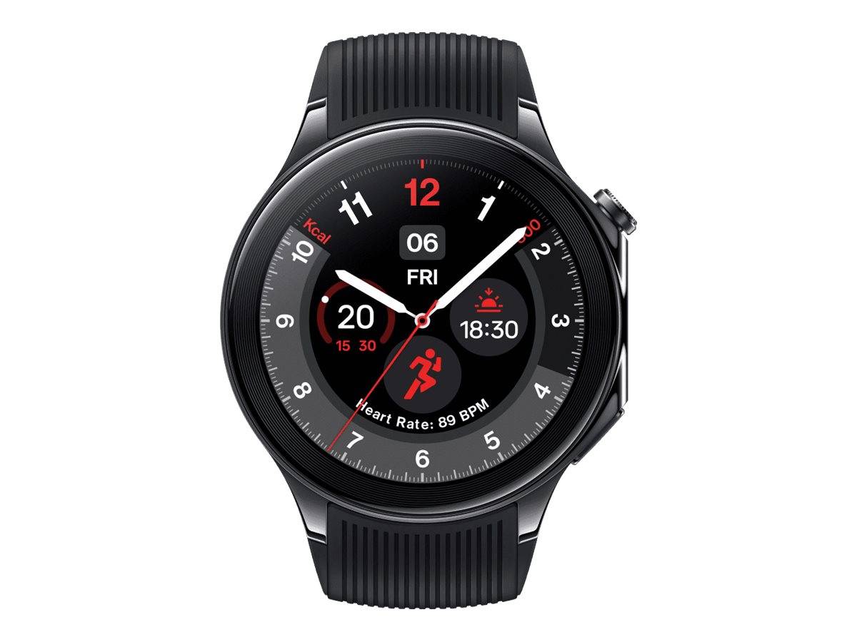 Eine schwarze Smartwatch, die auf ihrem kreisförmigen Display Uhrzeit, Datum, Herzfrequenzmesser und Fitness-Aktivitätssymbol anzeigt.