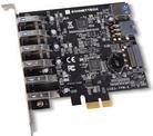 PCIe-Erweiterungskarte mit mehreren Anschlüssen, wahrscheinlich eine USB-Controller-Karte, auf weißem Hintergrund dargestellt.