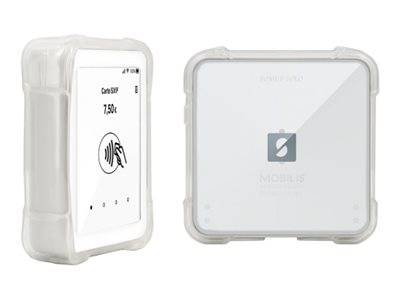 Ein weißes mobiles Zahlungsterminal mit einem Touchscreen, auf dem ein Kontaktlos-Zahlungssymbol und der Betrag „7,50