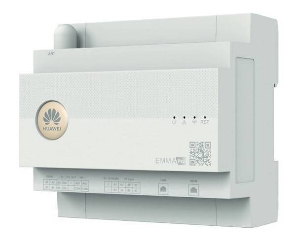 Weiße Huawei EMMA Pro wandmontiertes Gerät mit Statusleuchten, QR-Code und Antennensektion auf einfachem Hintergrund.