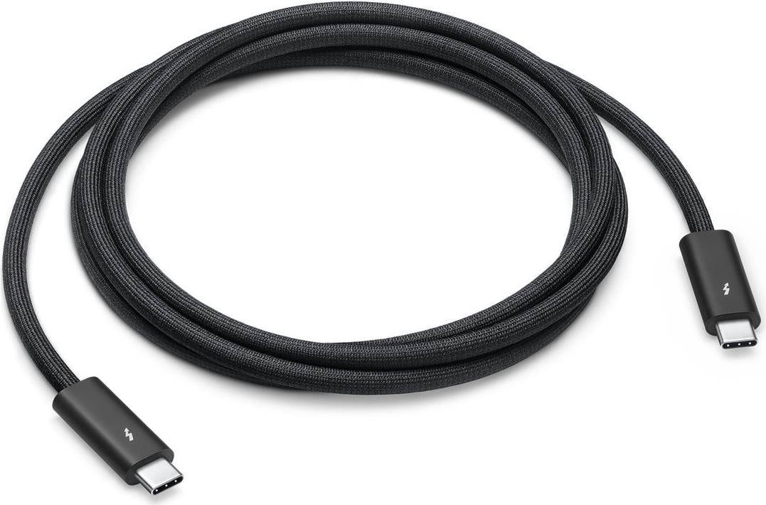 Schwarzes geflochtenes USB-C-Ladekabel aufgerollt auf weißem Hintergrund mit USB-C-Steckern an beiden Enden.