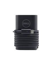 Schwarzer Dell USB-C-Stromadapter mit angebrachtem Kabel, frontal auf weißem Hintergrund dargestellt.