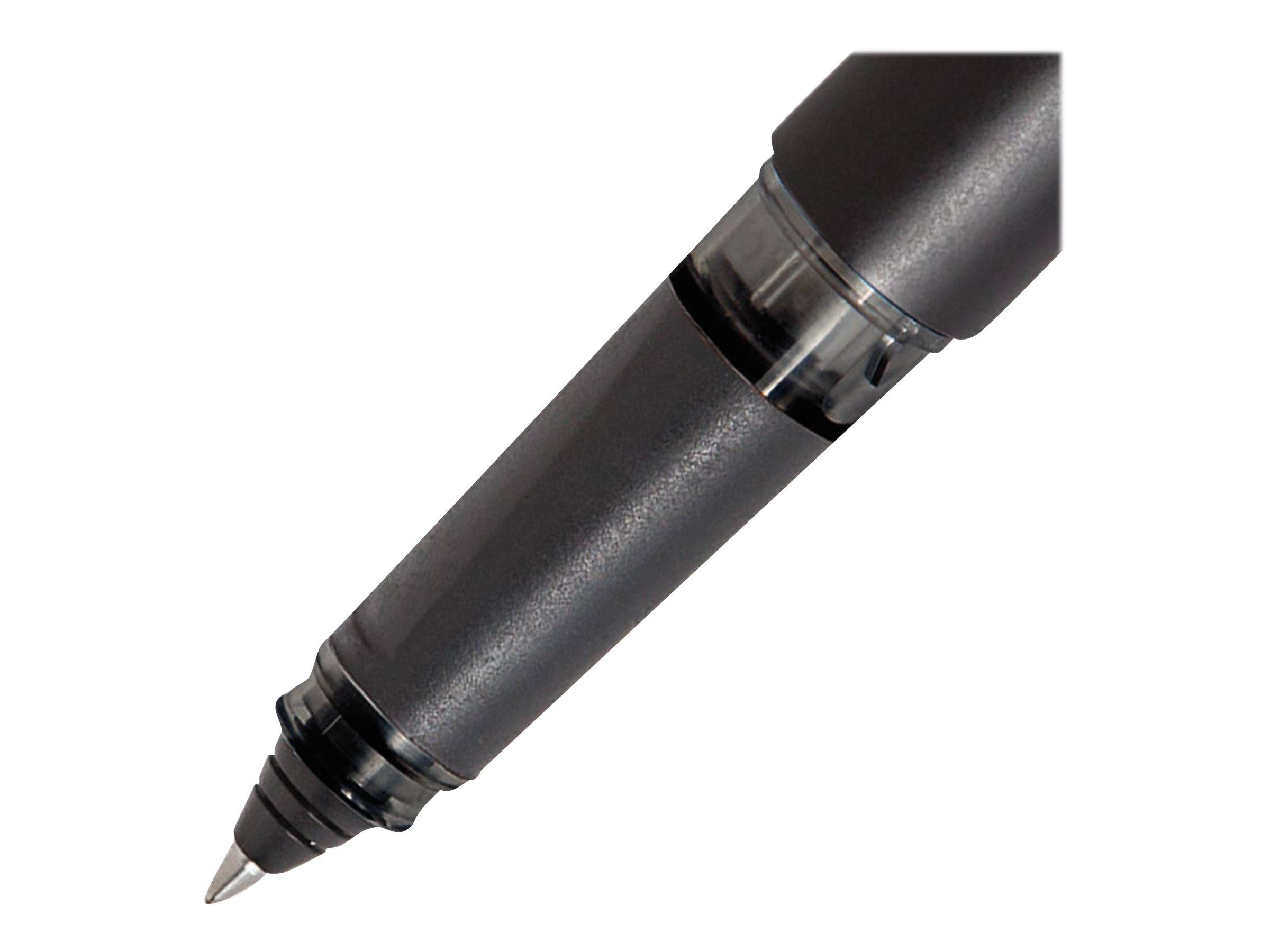 Eine Nahaufnahme einer schwarzen Federspitze mit silberner Spitze, die Details im Griff und in der Tintenkammer zeigt.