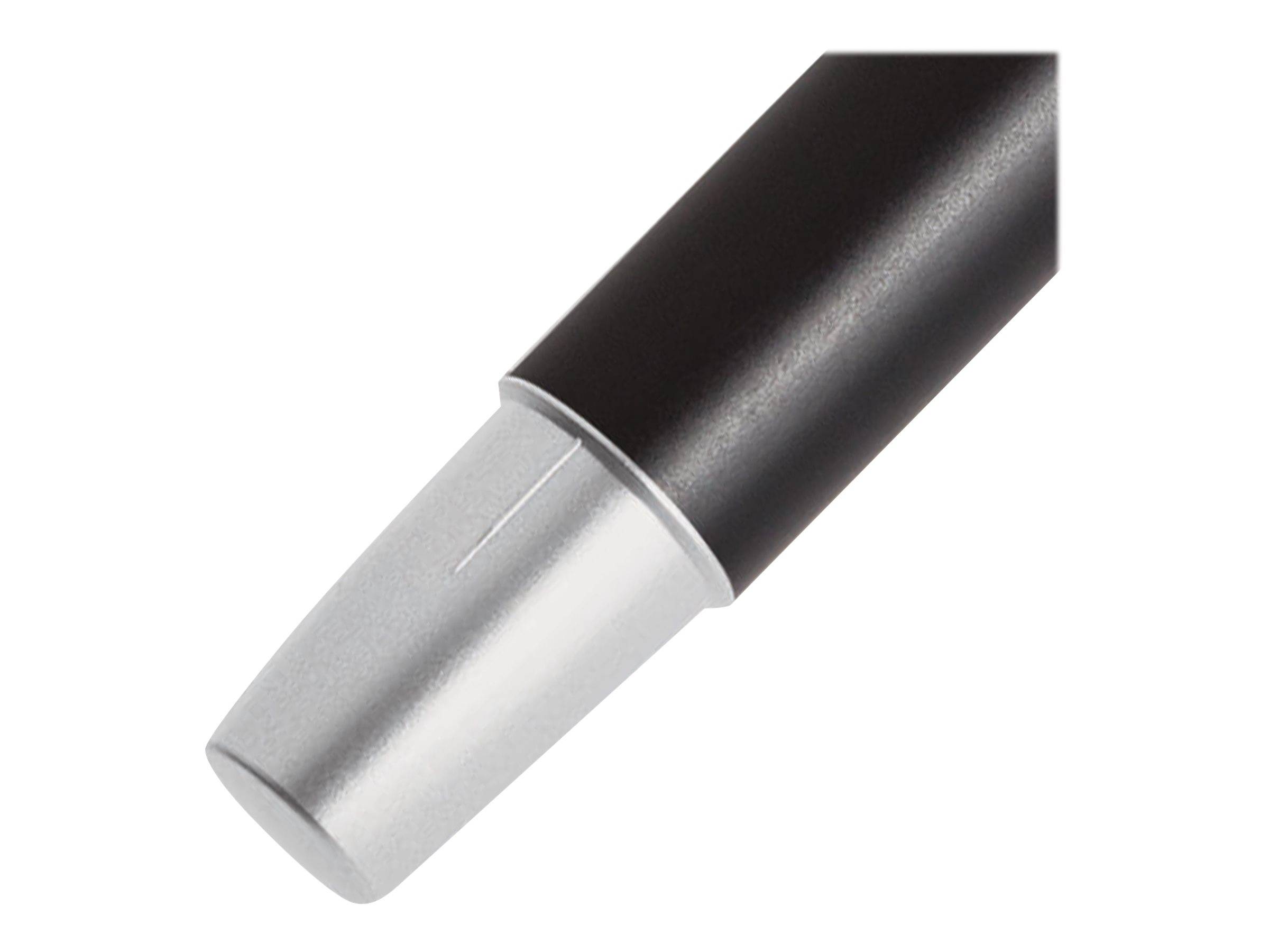 Nahaufnahme einer schwarzen und silbernen Lenkstange oder Stange, möglicherweise Teil eines Fahrrads oder Geräts, mit glatter, metallischer Oberfläche.