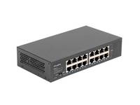 Schwarzer 16-Port-Ethernet-Netzwerk-Switch in Drei-Viertel-Ansicht auf weißem Hintergrund.