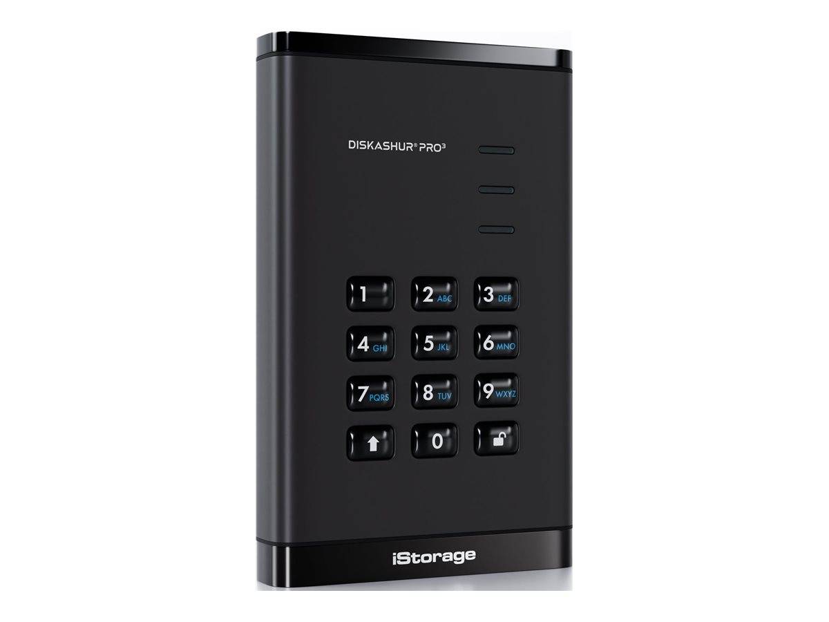 Digitales Speichergerät mit numerischer Tastatur zur Eingabe eines Passcodes, mit der Bezeichnung 'DiskAshur Pro', entwickelt für sicheren Datenzugriff.