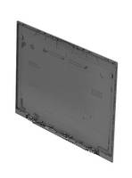 Rückansicht eines flachen rechteckigen elektronischen Panels oder Anzeigemoduls in einem grauen Metallrahmen, schräg vor weißem Hintergrund dargestellt.