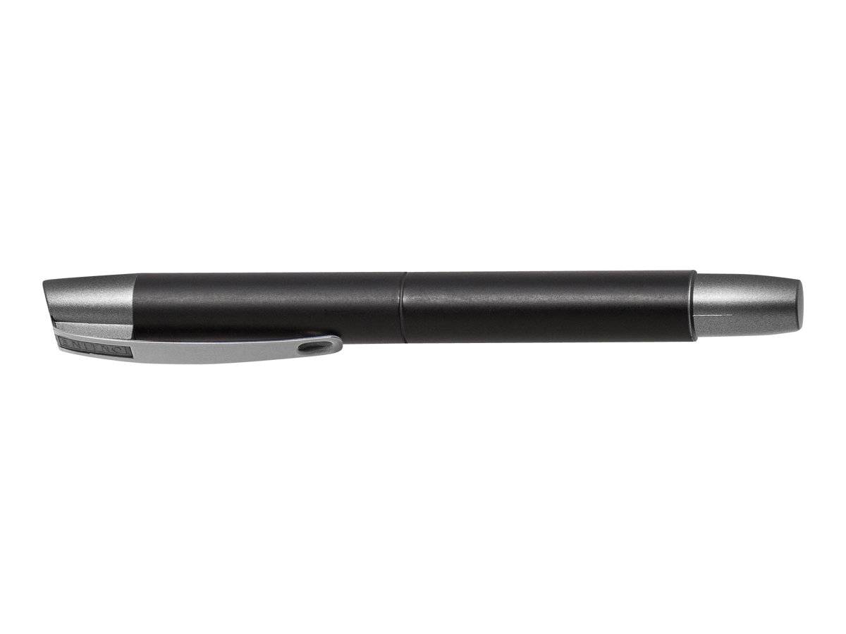 Schwarzer Stift mit silbernem Clip und Kappe, horizontal auf weißem Hintergrund dargestellt.