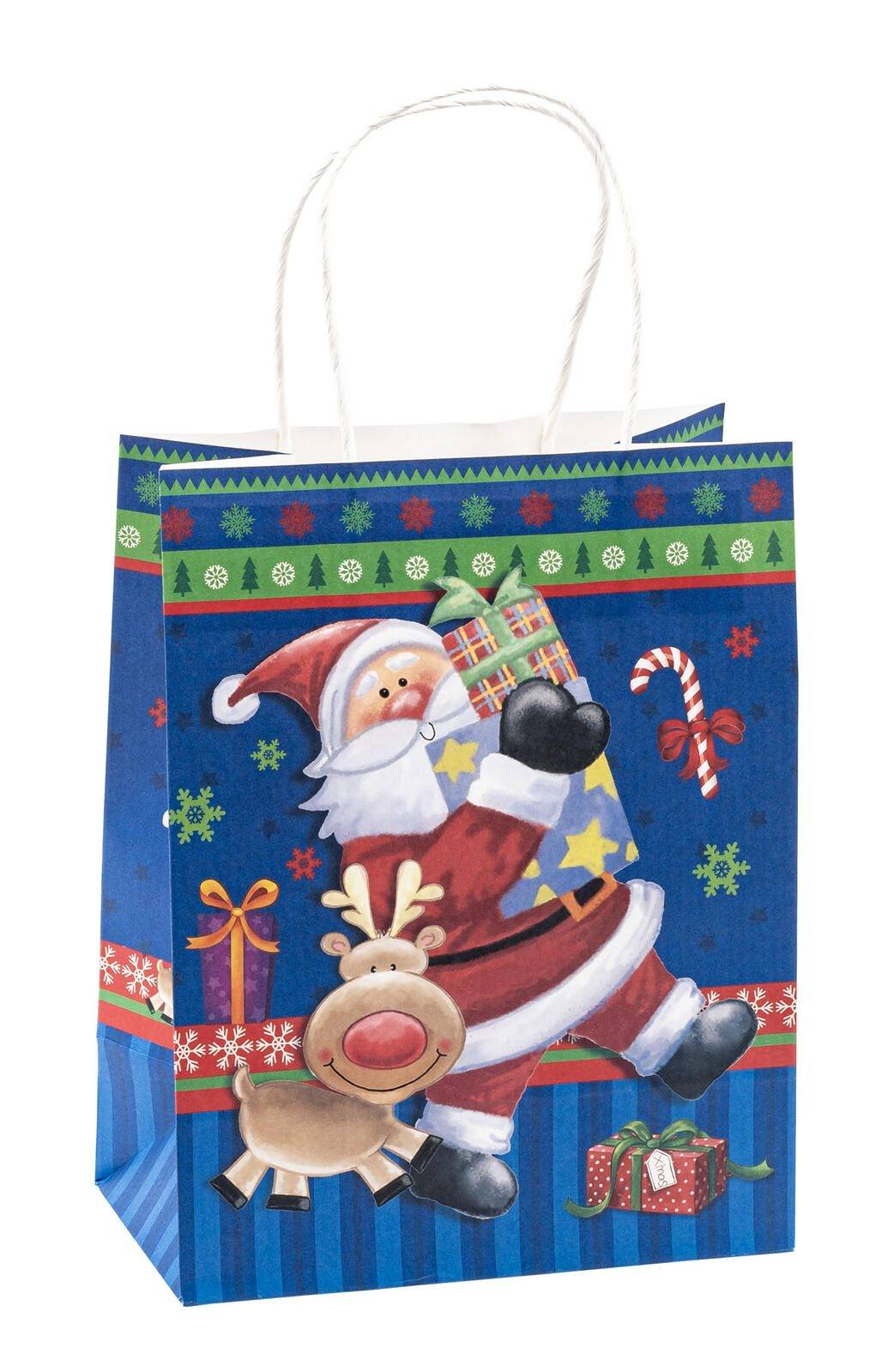 Weihnachtsgeschenktasche mit dem Weihnachtsmann und einem Rentier auf blauem Hintergrund, dekoriert mit Weihnachtsgeschenken und Zuckerstangen.