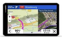 GPS-Navigationsbildschirm mit Route nach Straßburg, 257 km entfernt, mit Karten- und Satellitenansicht, aktuelle Geschwindigkeit 90 km/h und Ankunftszeit 17:11.