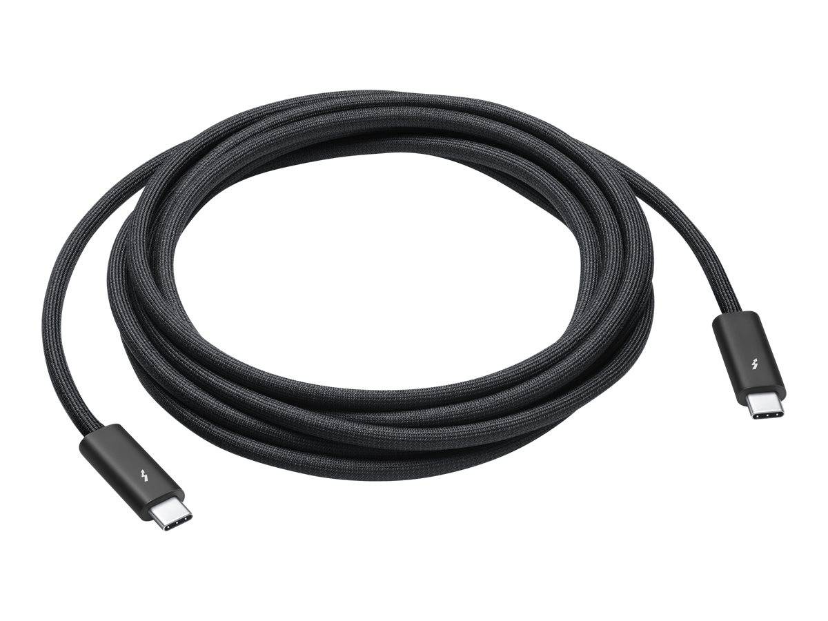 Ein schwarzes USB-C Thunderbolt-Kabel, das zu einer Schlaufe gewickelt ist. Ein Ende verfügt über einen USB-C-Anschluss mit einem Thunderbolt-Symbol.