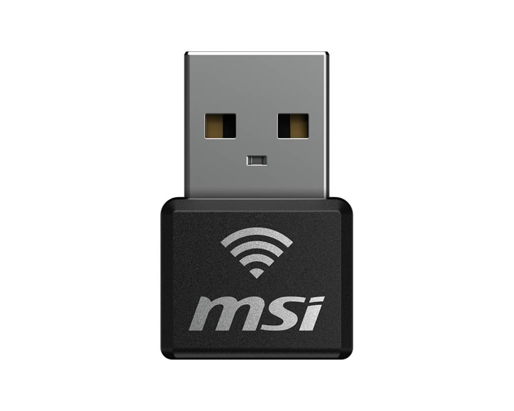 MSI USB-Wireless-Adapter-Dongle mit Wi-Fi-Symbol auf schwarzem Hintergrund.