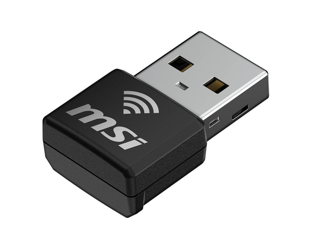 Kleiner MSI USB-Wireless-Adapter-Dongle auf schwarzem Hintergrund.