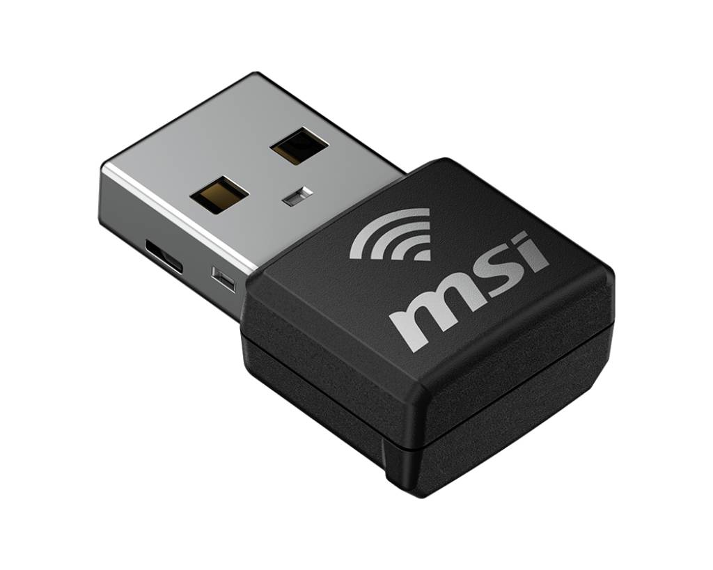 MSI USB-Wireless-Adapter-Dongle, schwarz und silber, mit Wi-Fi-Signalsymbol auf der Oberseite.