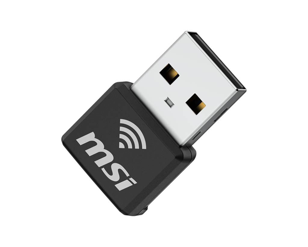 Nahaufnahme eines USB-Wireless-Adapters/USB-Dongles mit MSI-Branding auf schwarzem Hintergrund.