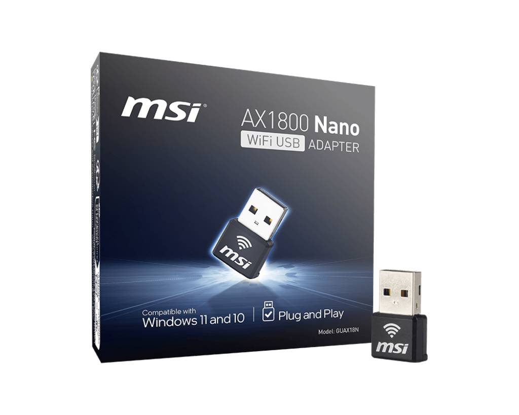 MSI AX1800 Nano WiFi USB-Adapter Box und Dongle, gekennzeichnet als kompatibel mit Windows 11 und 10 und 